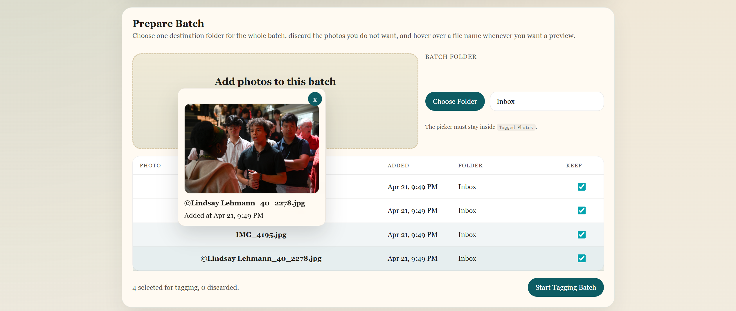 Student Tagger upload screen